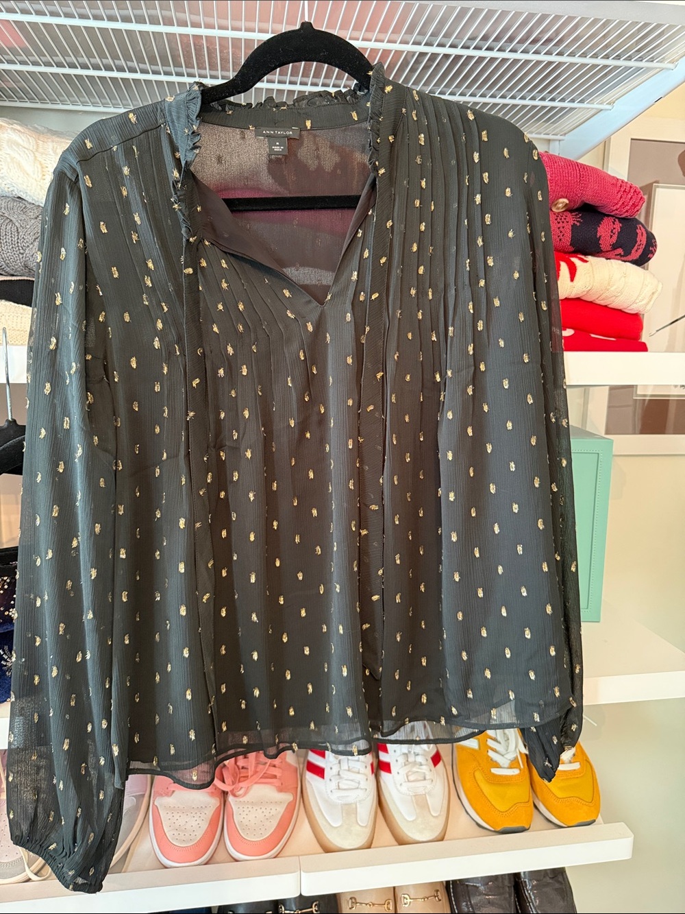 Ann Taylor Black Sheer Blouse with Metallic Gold Dot Print